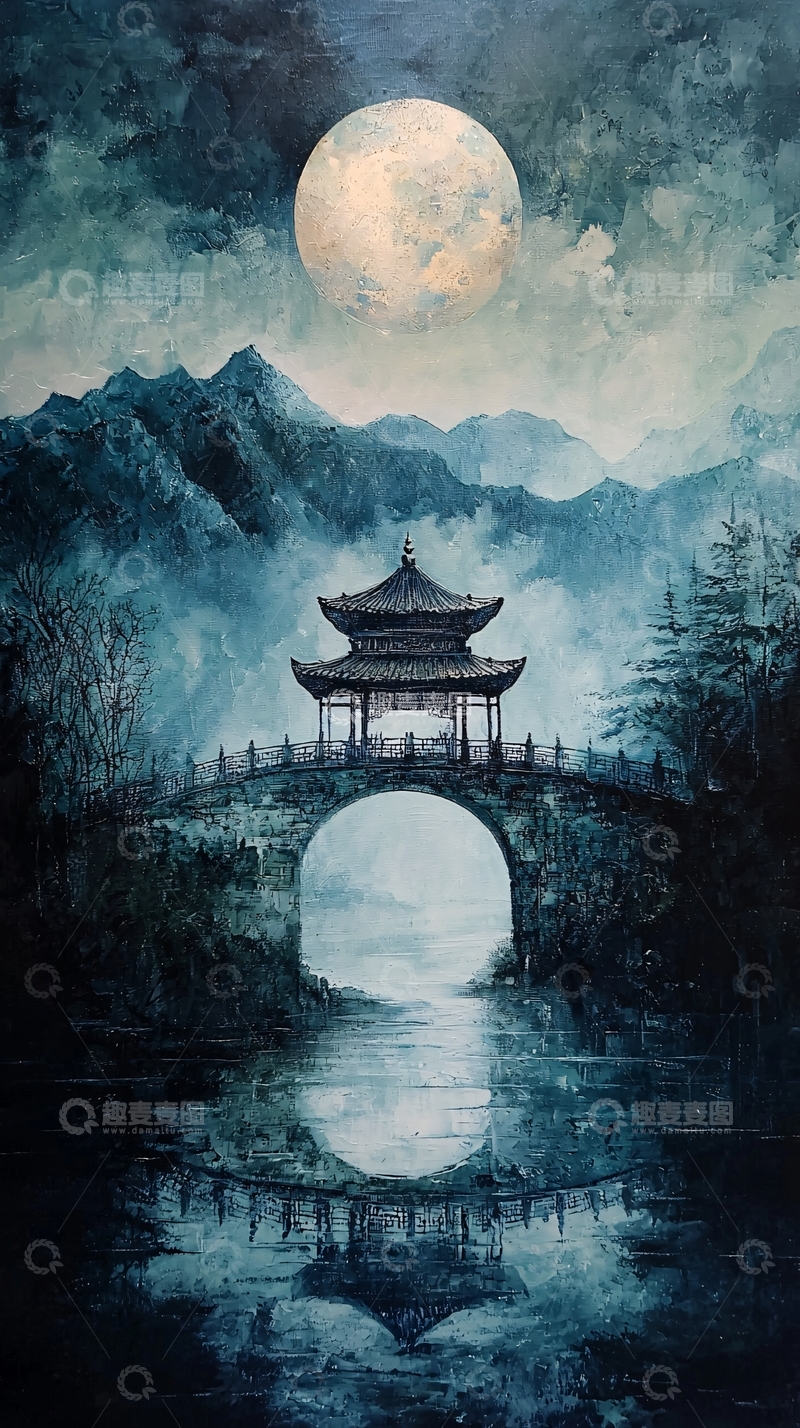 高清大图下载【趣麦麦图】月夜下的中式桥亭