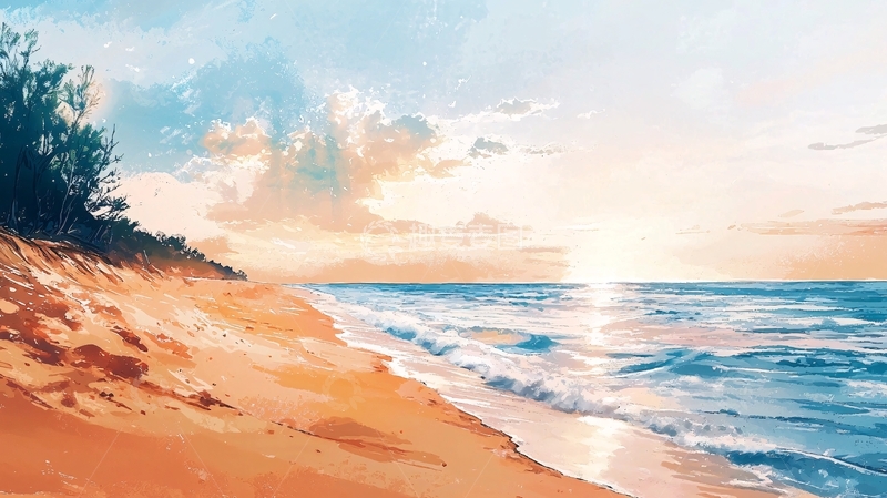 高清大图下载【趣麦麦图】海滩日落风景画