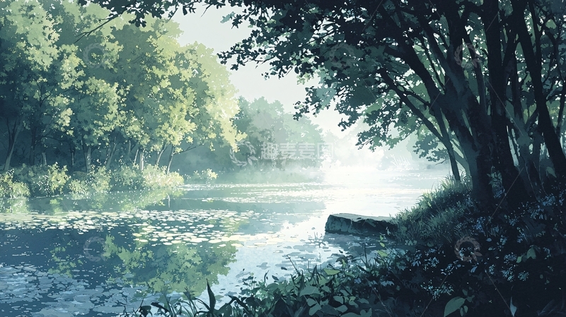 高清大图下载【趣麦麦图】清晨森林河流风景