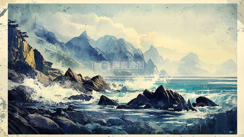 高清大图下载【趣麦麦图】水彩画海岸风景