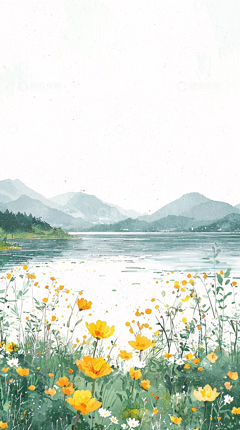 高清大图下载【趣麦麦图】淡雅水彩花卉湖泊山景