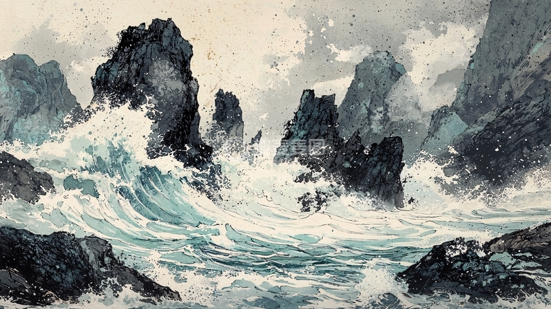 高清大图下载【趣麦麦图】海浪冲击礁石