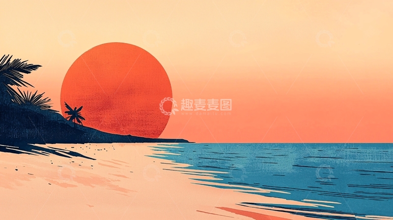 高清大图下载【趣麦麦图】热带海滩日落剪影
