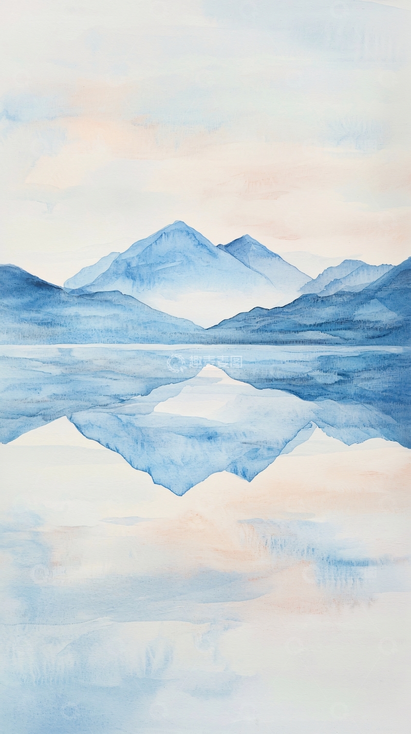 高清大图下载【趣麦麦图】蓝色水彩山水画
