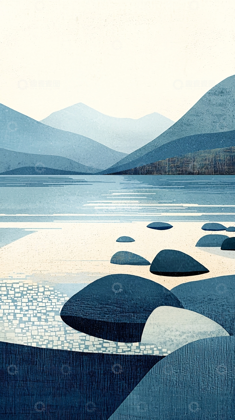 高清大图下载【趣麦麦图】极简蓝色山峦湖泊意境图