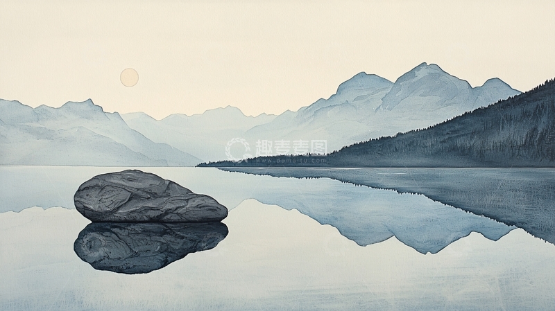 高清大图下载【趣麦麦图】平静湖面上的孤石