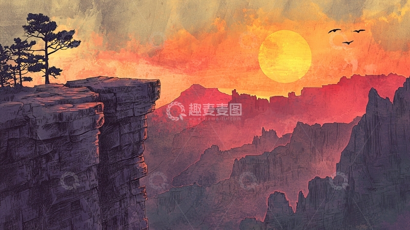 高清大图下载【趣麦麦图】山崖日落剪影