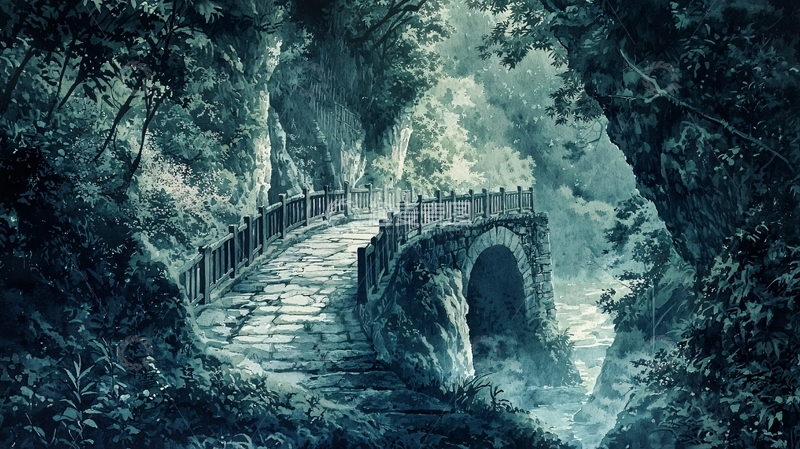 高清大图下载【趣麦麦图】幽静古桥森林小径