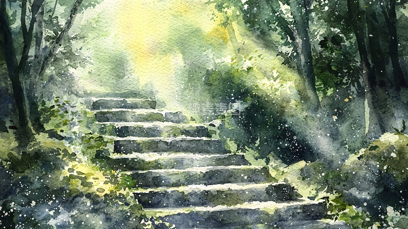 高清大图下载【趣麦麦图】森林石阶水彩画