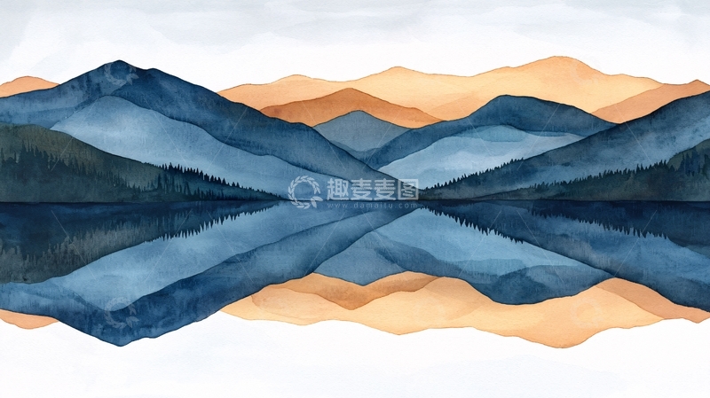 高清大图下载【趣麦麦图】水彩山脉湖泊倒影