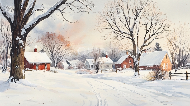 高清大图下载【趣麦麦图】雪景乡村冬日黄昏