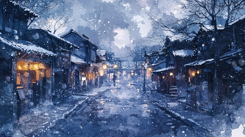 高清大图下载【趣麦麦图】雪夜古镇街道
