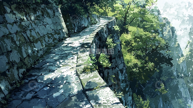 高清大图下载【趣麦麦图】山崖边蜿蜒的石板路