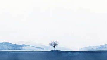 极简蓝色孤树山水画