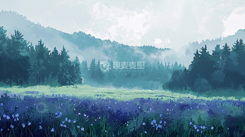 高清大图下载【趣麦麦图】雾气朦胧的紫色花田山林