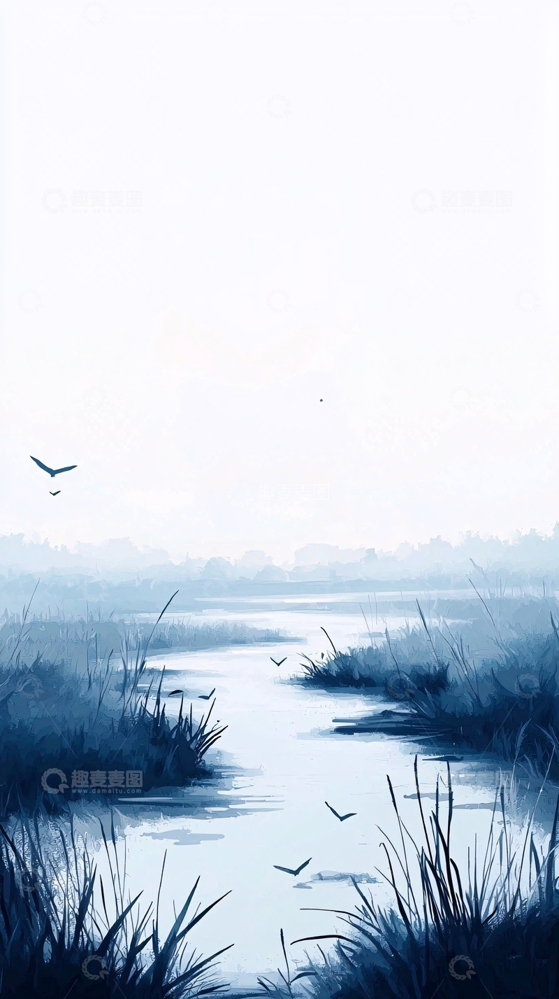 高清大图下载【趣麦麦图】蓝调湿地芦苇水景
