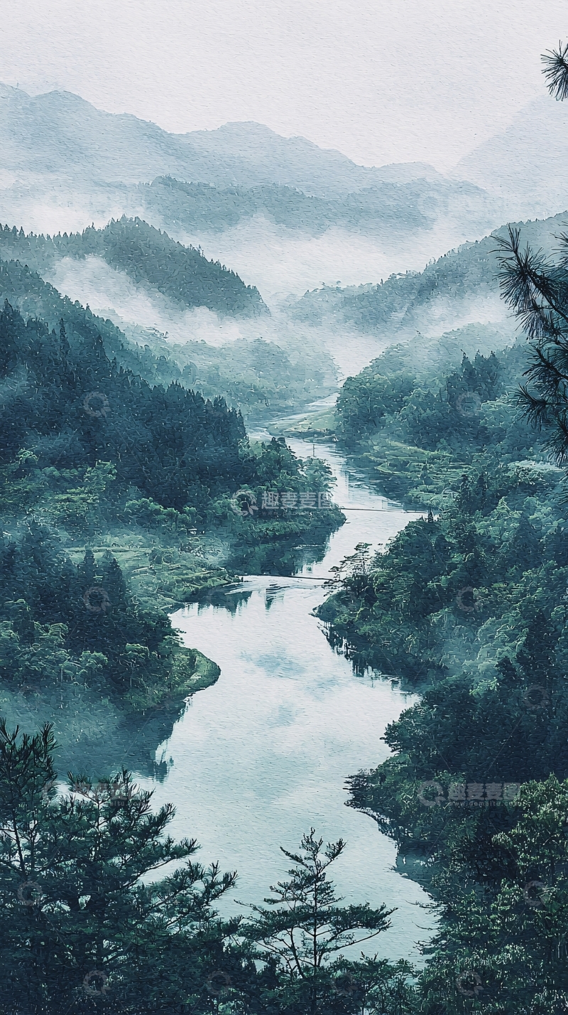 高清大图下载【趣麦麦图】雾气缭绕的山水画卷