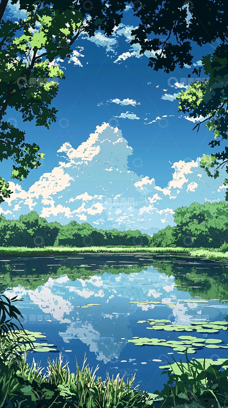 高清大图下载【趣麦麦图】树荫下平静湖面蓝天白云