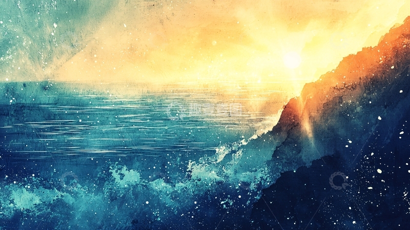 高清大图下载【趣麦麦图】水彩日落海景