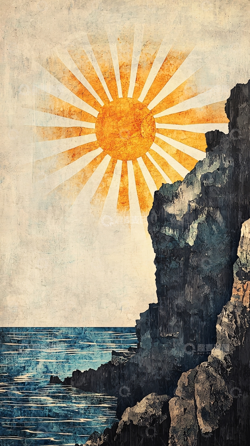 高清大图下载【趣麦麦图】日出海边岩石风景画