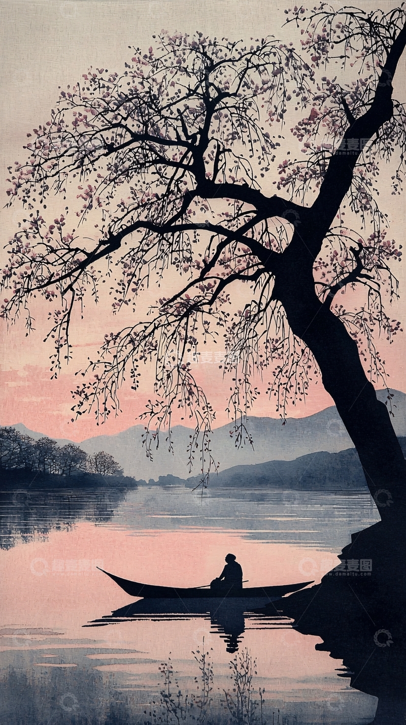 高清大图下载【趣麦麦图】傍晚樱花树下独坐小舟