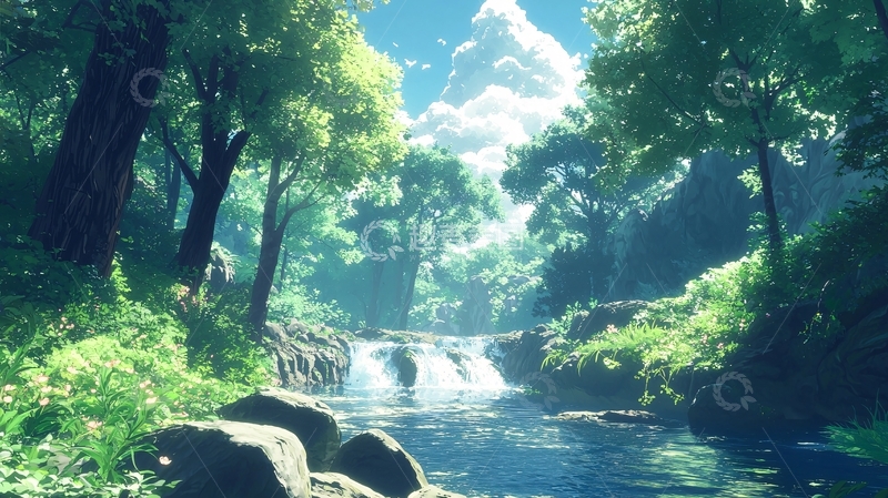 高清大图下载【趣麦麦图】阳光森林溪流瀑布
