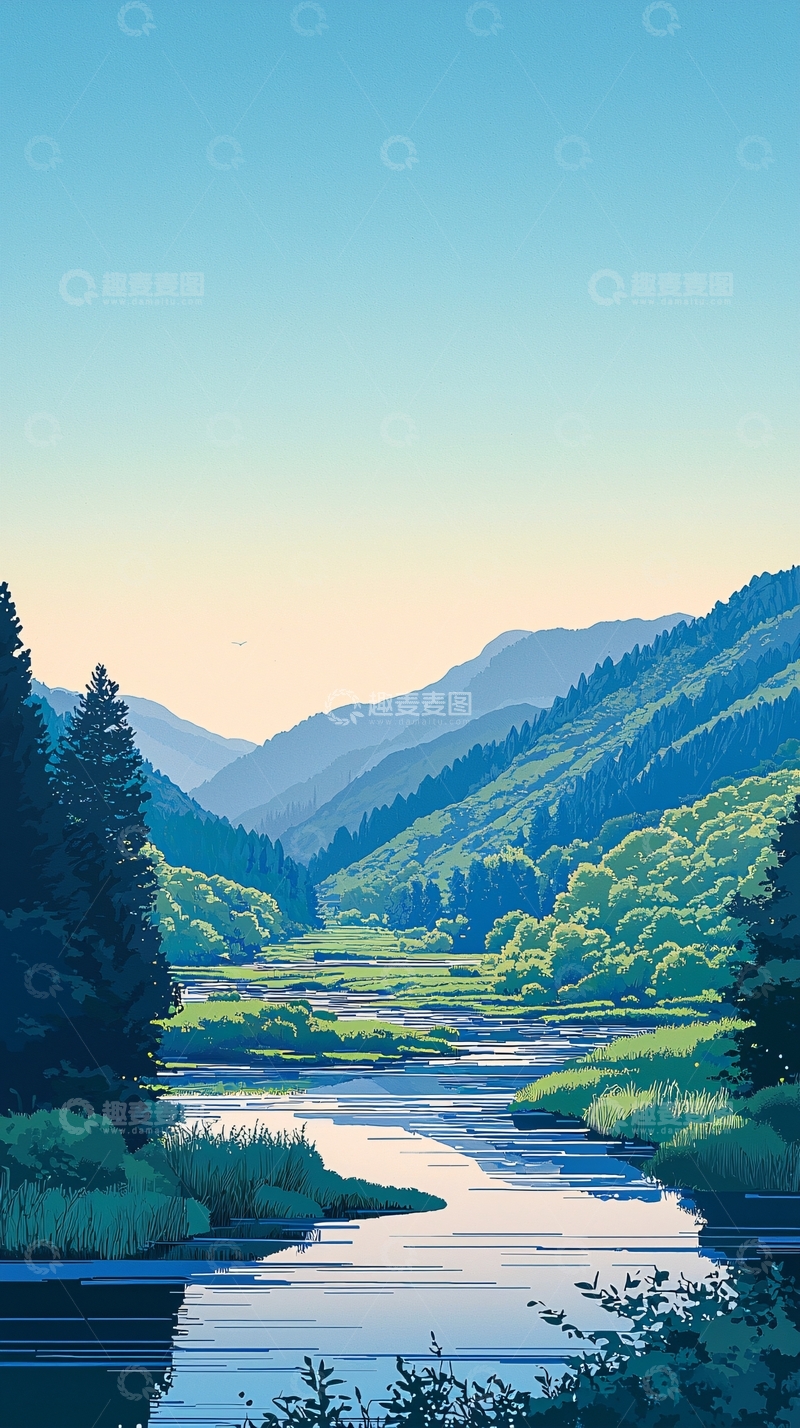 高清大图下载【趣麦麦图】宁静山谷河流风景画