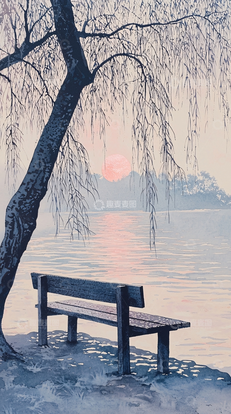高清大图下载【趣麦麦图】湖边长椅夕阳景色