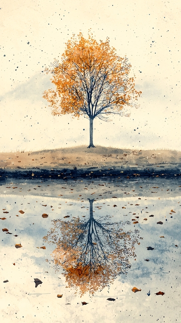 秋叶孤树水面倒影