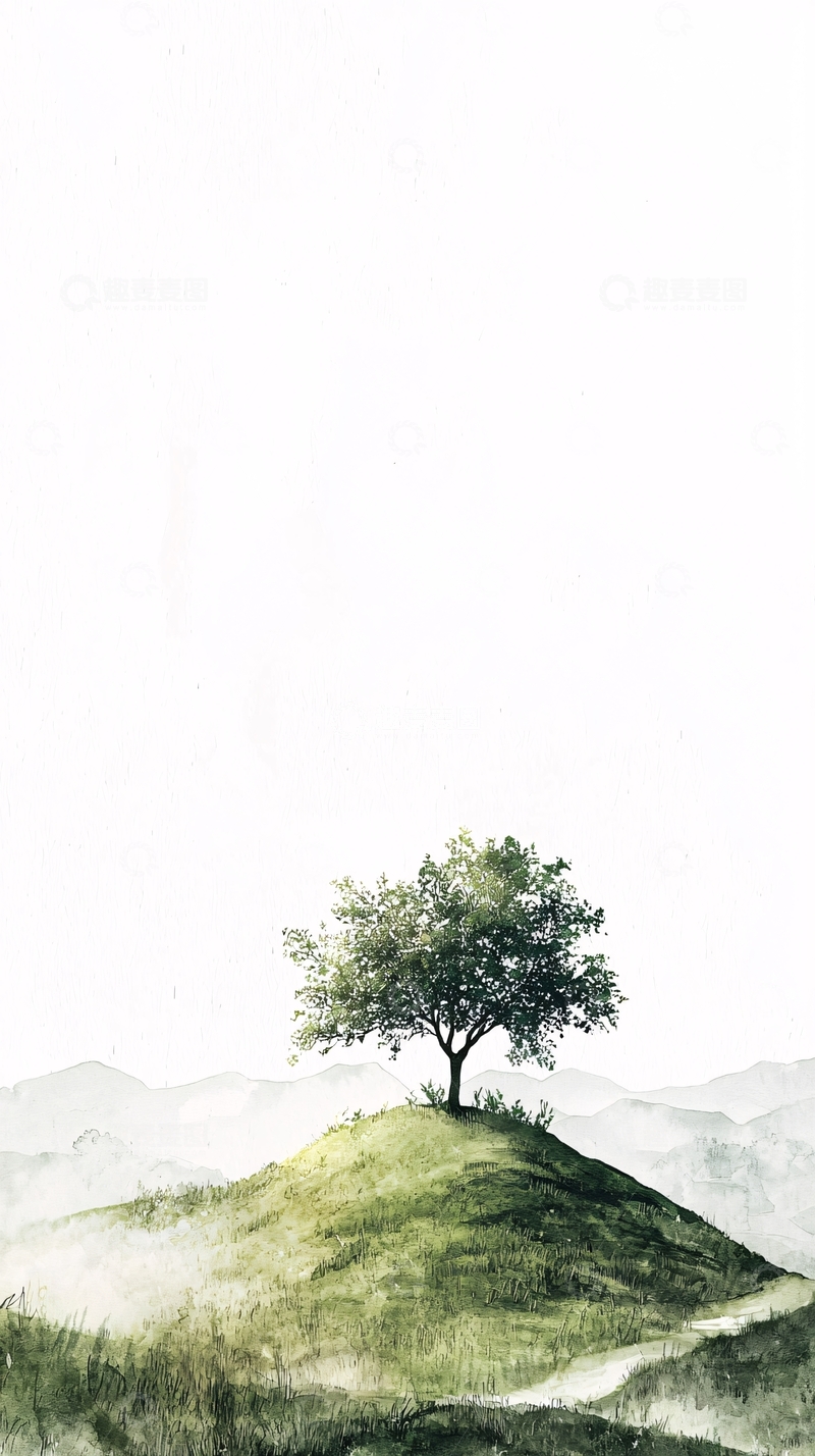 高清大图下载【趣麦麦图】简约绿色小树山丘风景