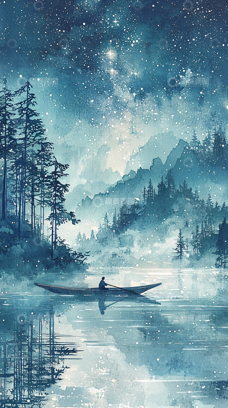 高清大图下载【趣麦麦图】星空湖泊独木舟