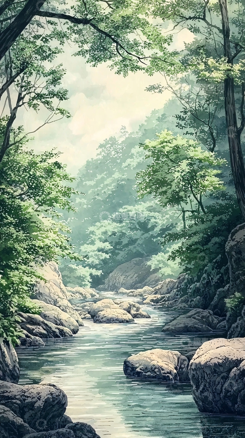 高清大图下载【趣麦麦图】绿树成荫的山间小溪