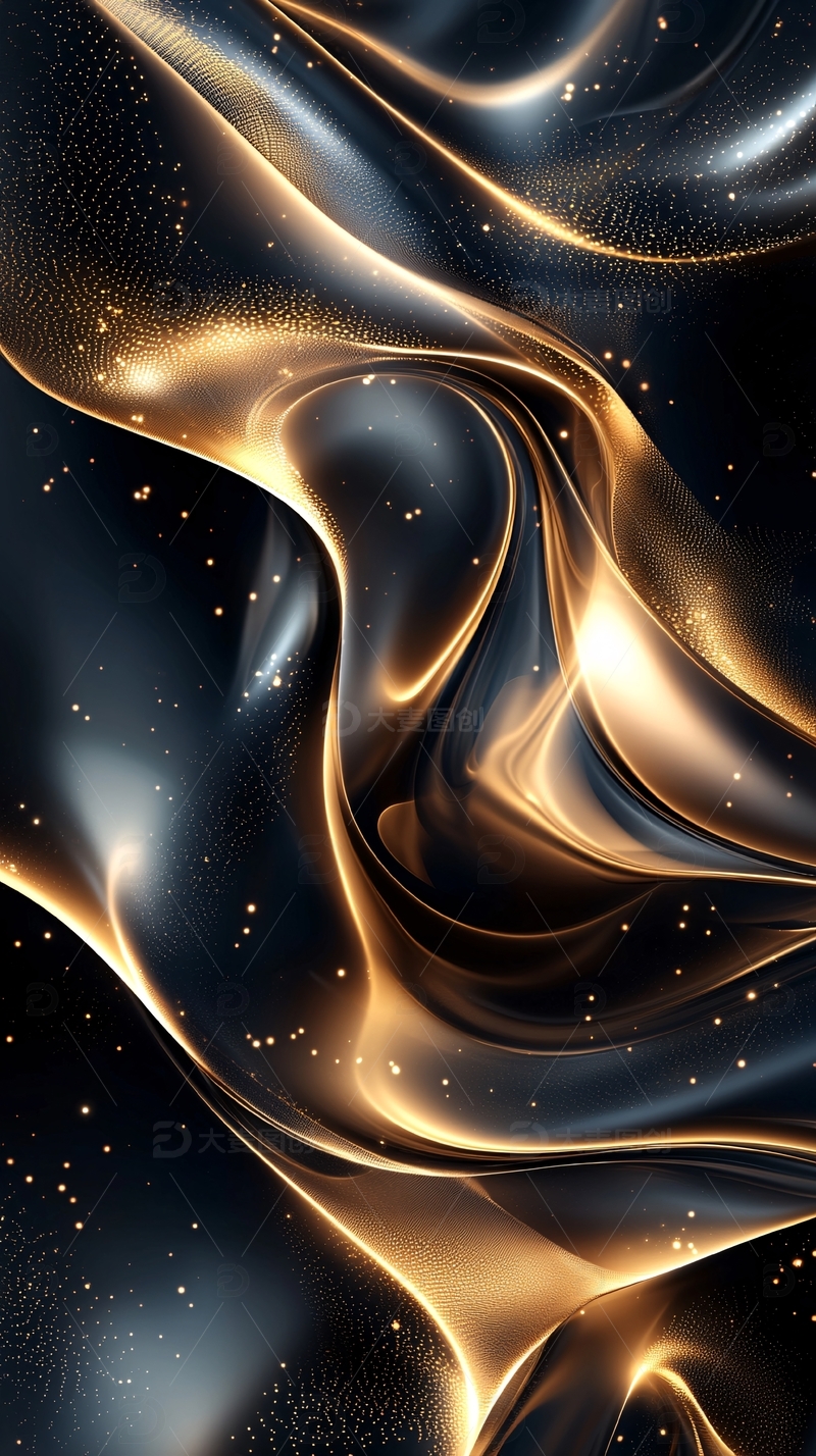 流动的金色光芒在黑色背景上