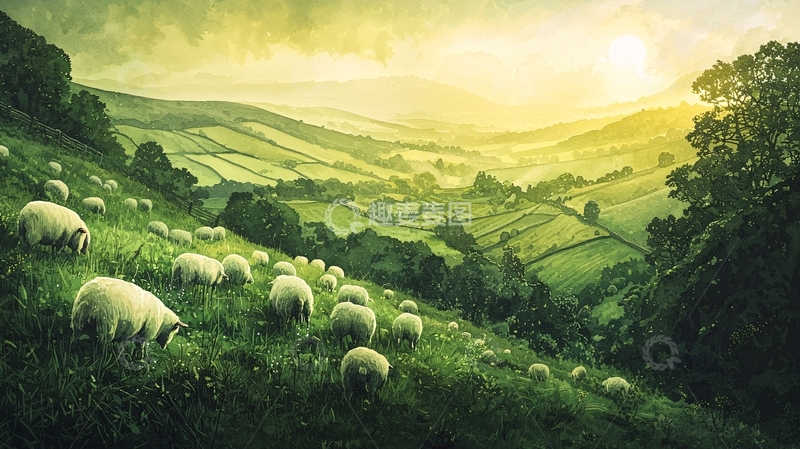 高清大图下载【趣麦麦图】阳光下绿油油山坡上的绵羊