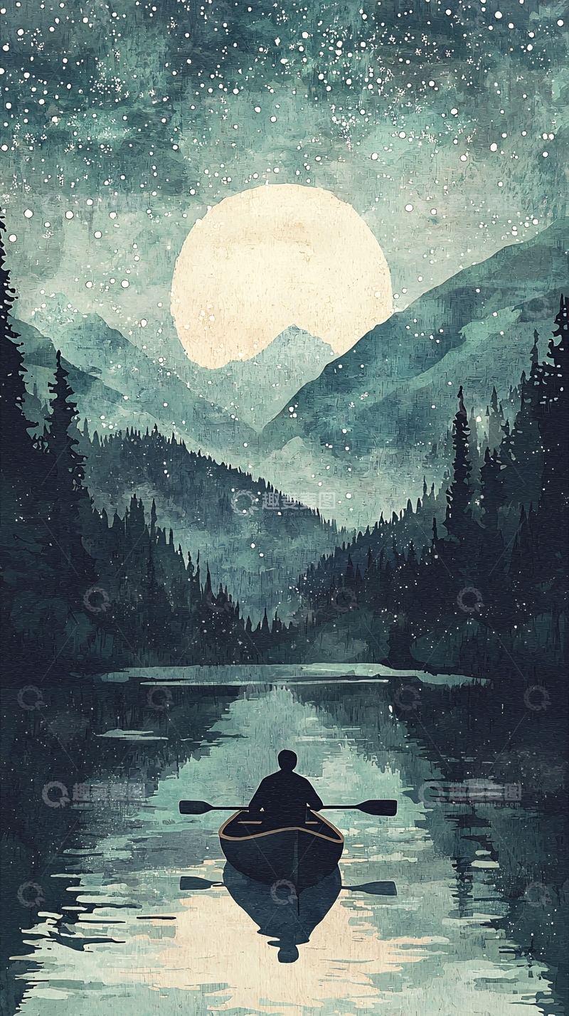 高清大图下载【趣麦麦图】星空下湖边独木舟