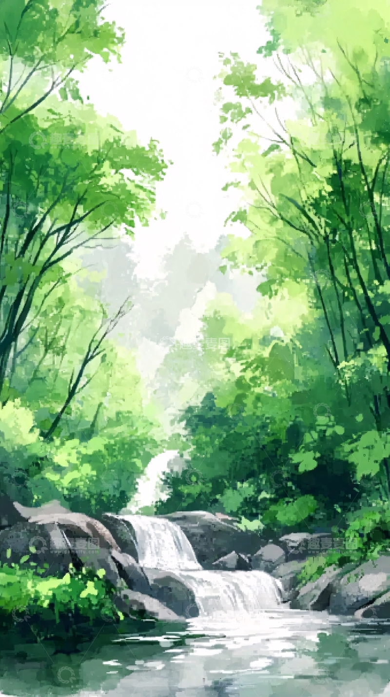 高清大图下载【趣麦麦图】清新绿色森林瀑布