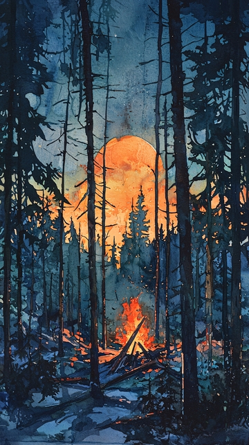 森林篝火水彩画