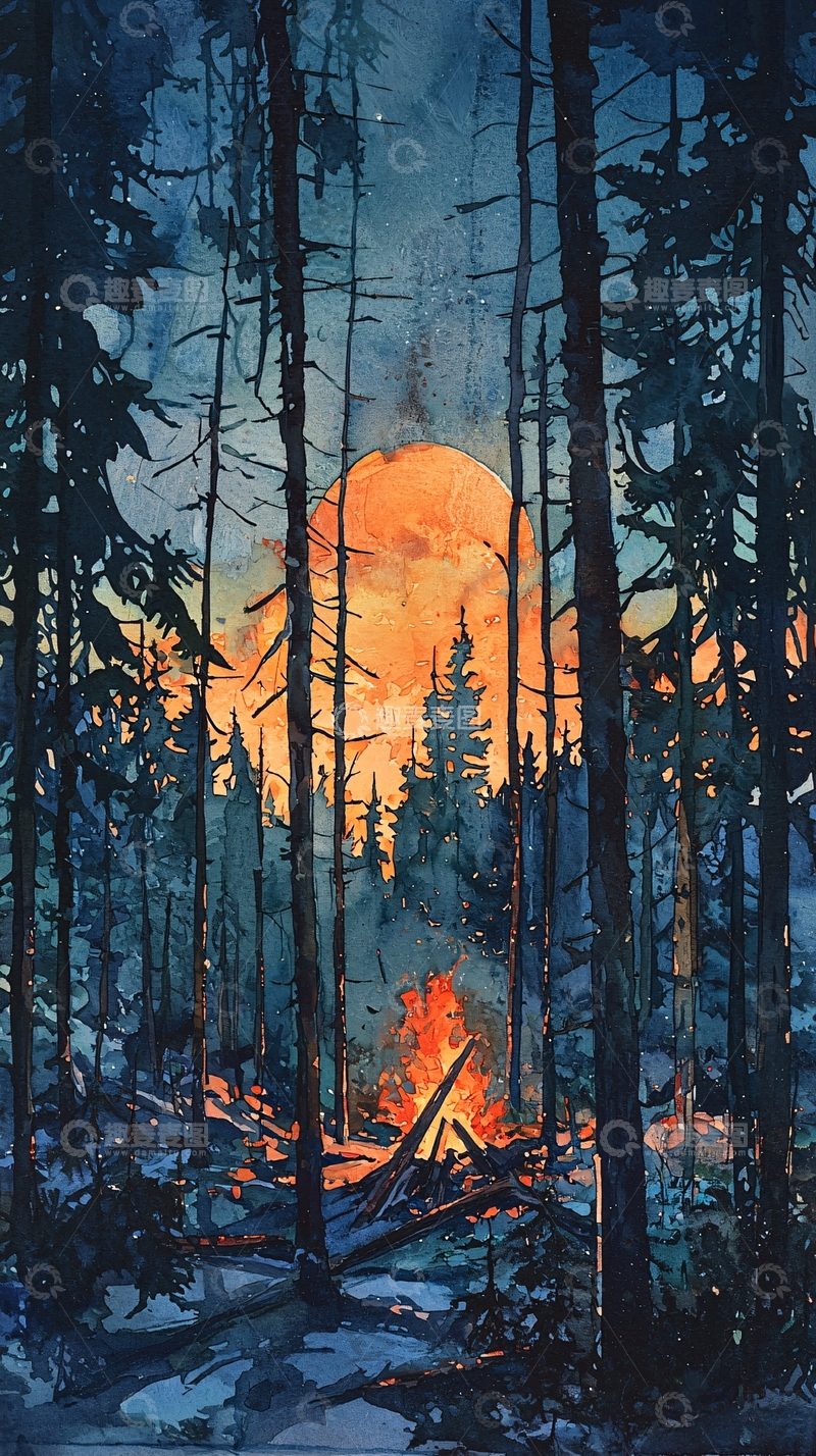高清大图下载【趣麦麦图】森林篝火水彩画