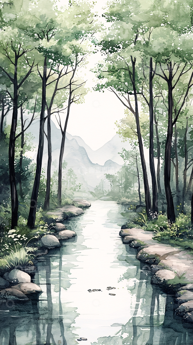 高清大图下载【趣麦麦图】水墨画森林小溪