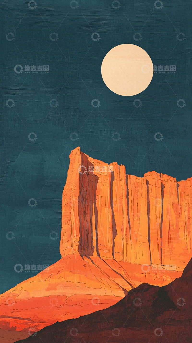 高清大图下载【趣麦麦图】极简风格岩石山峰与月亮