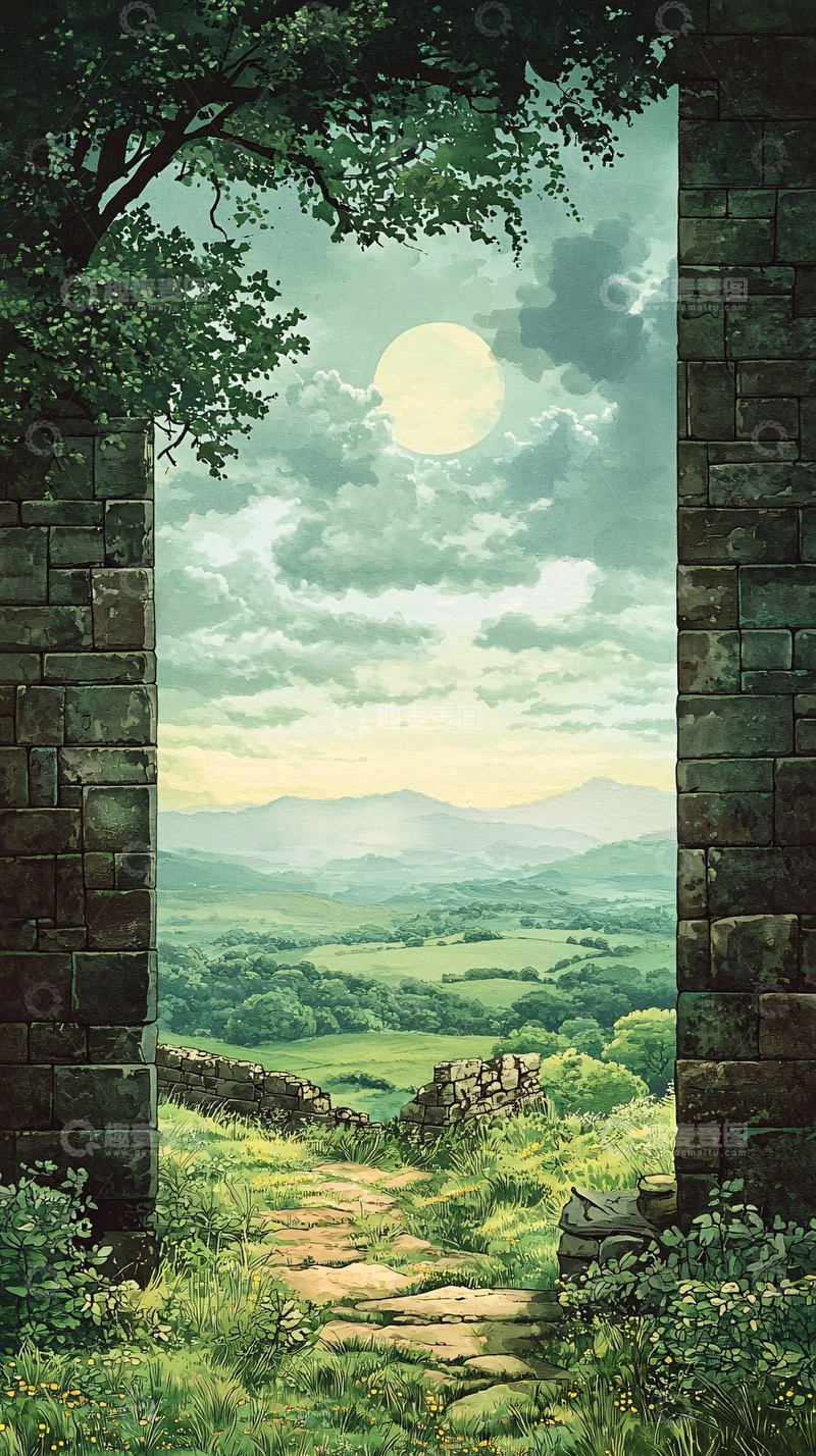 高清大图下载【趣麦麦图】月光下的古老石门