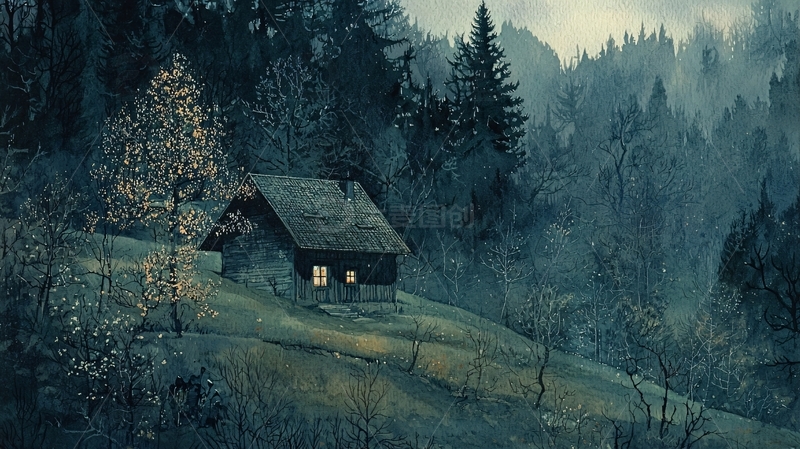 深山小屋雾气森林