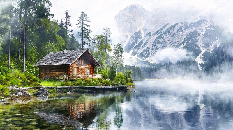 高清大图下载【趣麦麦图】山间木屋湖景