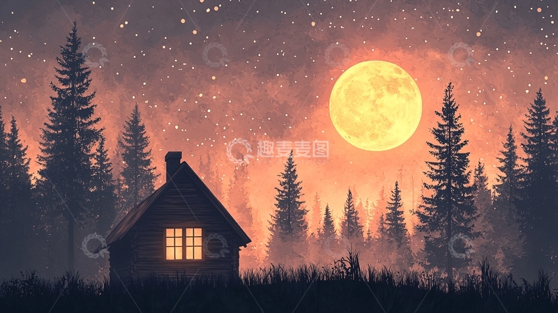 高清大图下载【趣麦麦图】森林小屋月夜