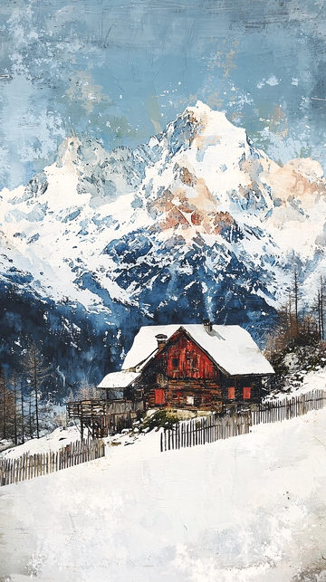 雪山小屋水彩画