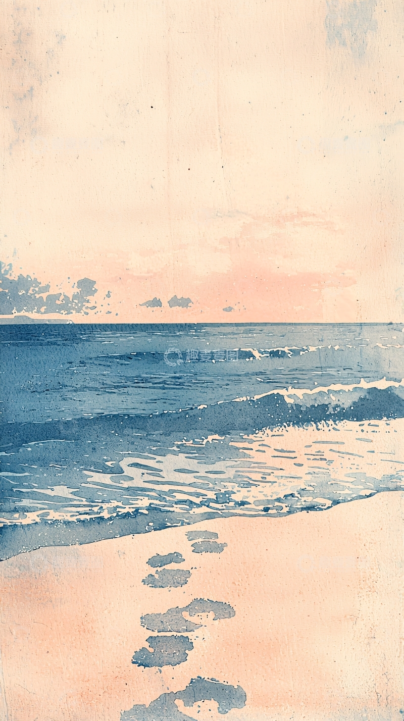 高清大图下载【趣麦麦图】海滩日落足迹水彩画