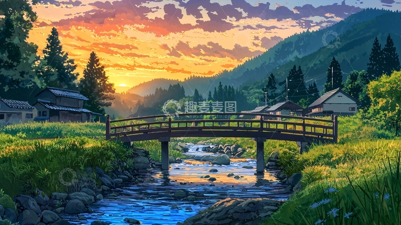 高清大图下载【趣麦麦图】日落山村木桥流水