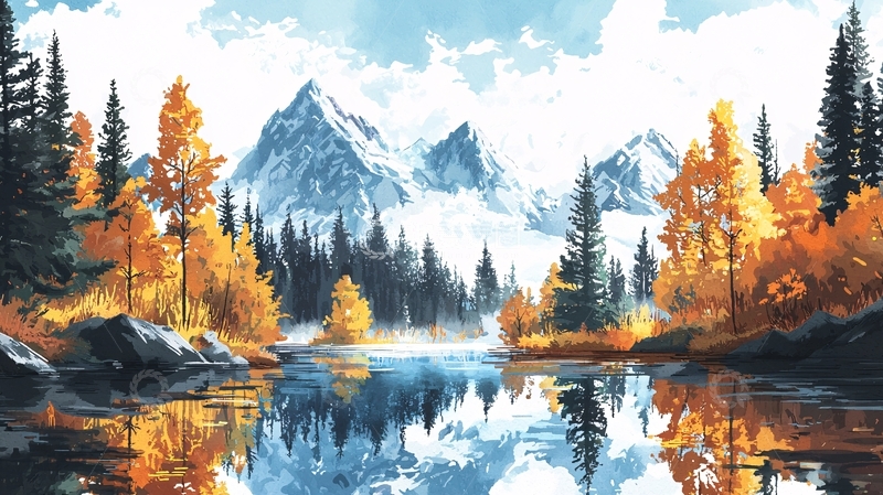 高清大图下载【趣麦麦图】秋日山林湖泊景色