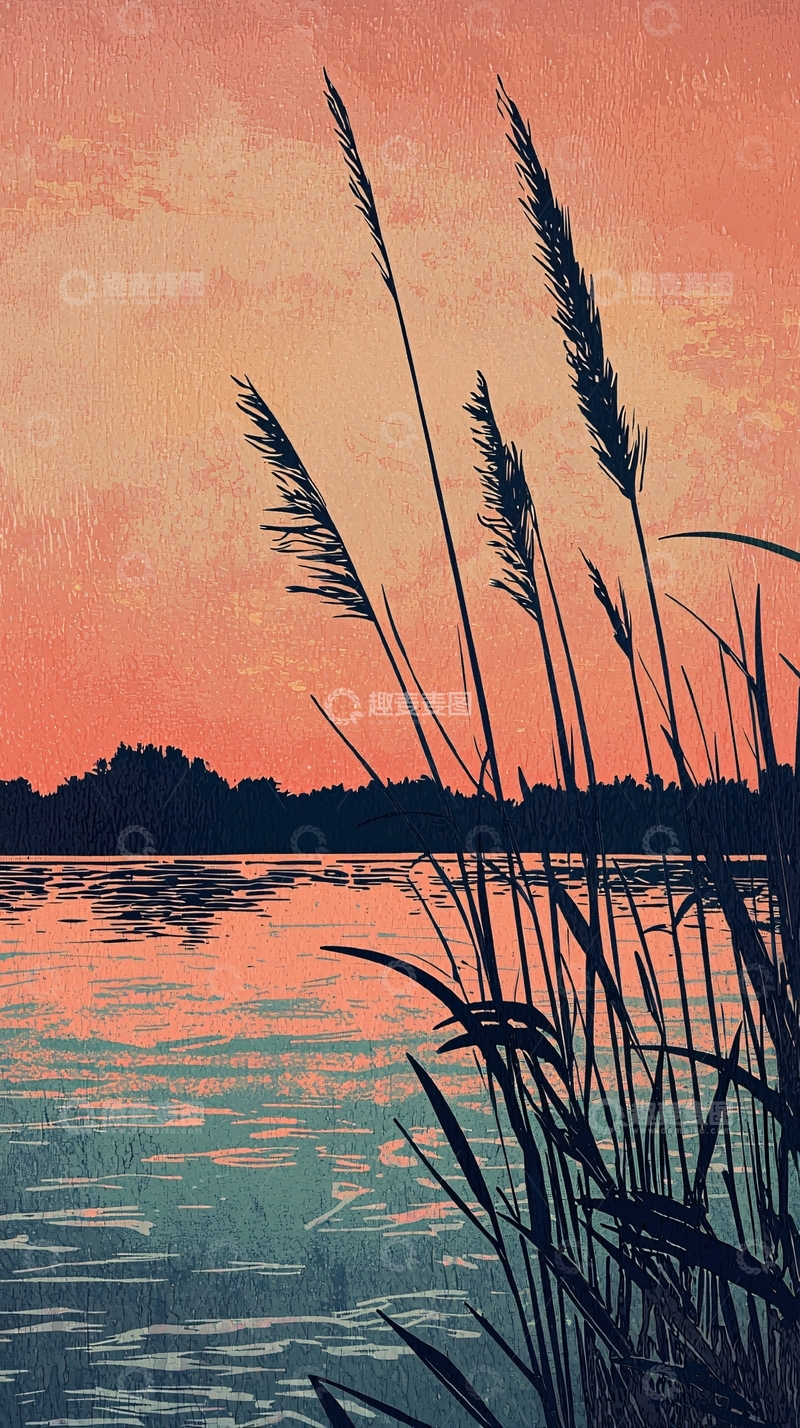 高清大图下载【趣麦麦图】落日余晖下的湖边芦苇