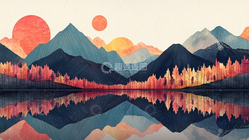 高清大图下载【趣麦麦图】山峦倒影湖泊双日落